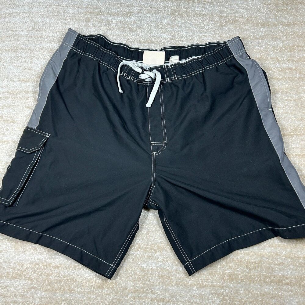 True Nation Swim Trunks Men XL Black Mesh Lined Drawstring Cargo Elastic Waist